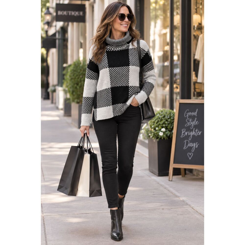 DKNY Women’s S Oversized Sweater Black White Plaid Knit Pullover Turtleneck